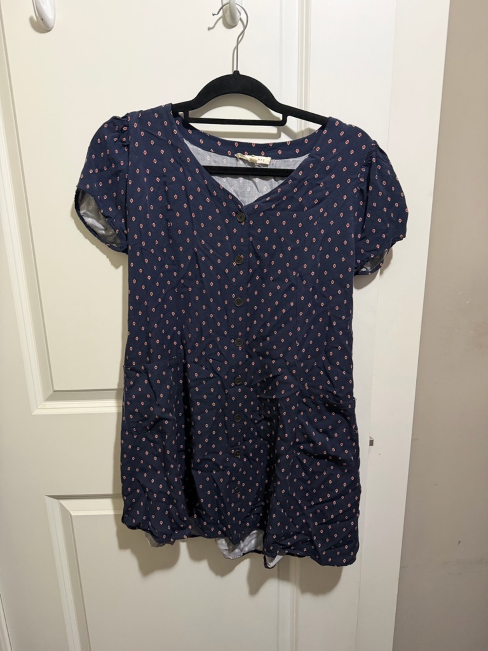 Copper Key Navy Short Sleeve Button-Front Dress with Red Diamond Pattern Print